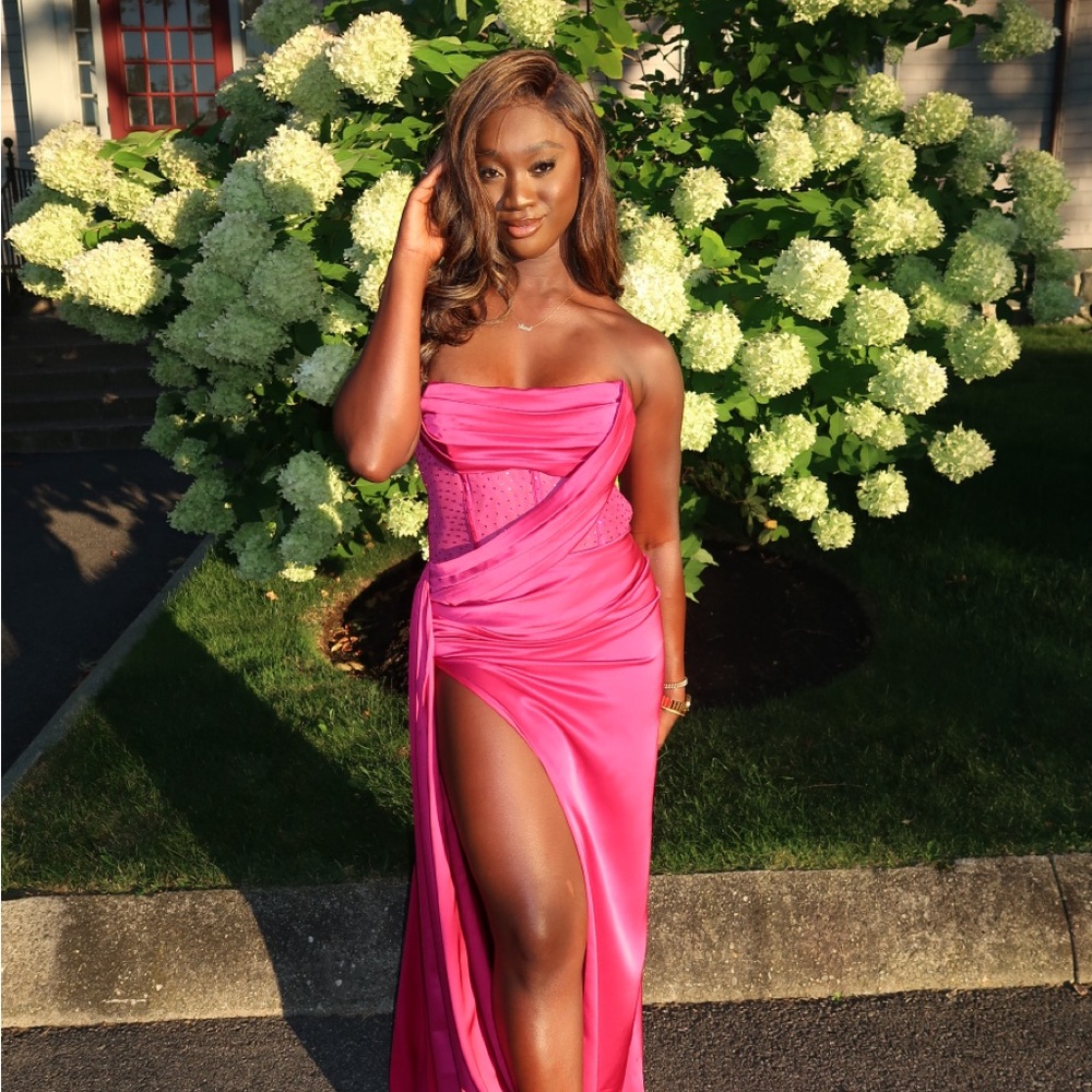 Holly Fuchsia Crystallized Corset High Slit Satin Gown